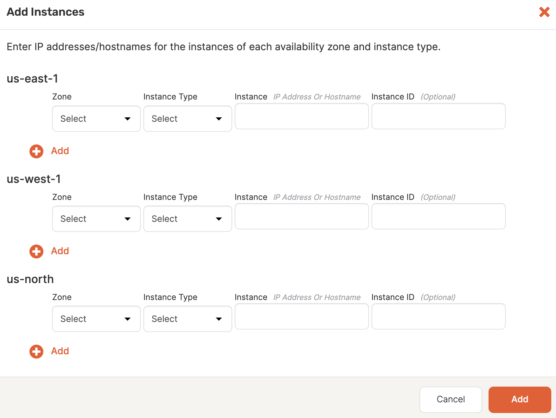 On-prem Add Instance Types dialog On-prem Add Instance Types dialog
